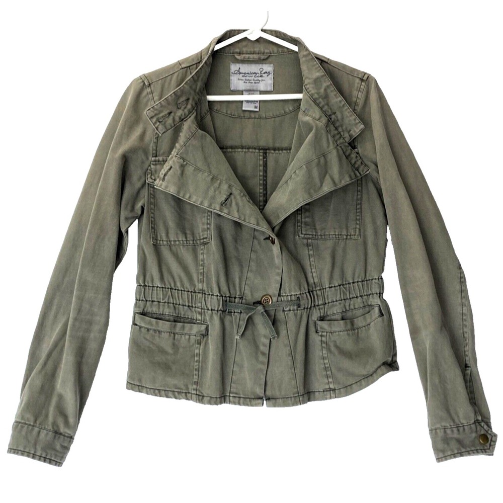 American Rag Military Moto Jacket Womens M Olive Drawstring Waist Utility Blazer